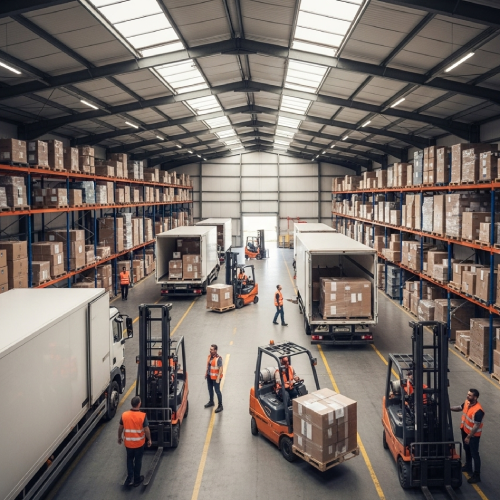 Image of a busy logistics hub with containers and trucks